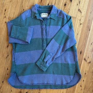 We The Free Olive Green and Gray Striped Button Pullover